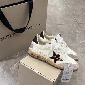 Golden Goose White Leather Low-Top Sneakers with Leopard Star